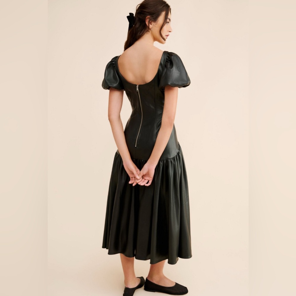 Anthropologie Hutch Black faux vegan leather drop waist Puff Sleeve Midi Dress - Picture 4 of 9